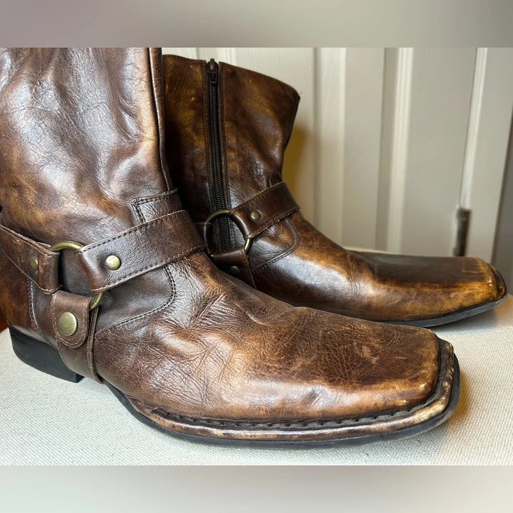 Impulse Men's Brown Leather Harness Boots Square Toe Biker Rocker Cowboy Sz 9